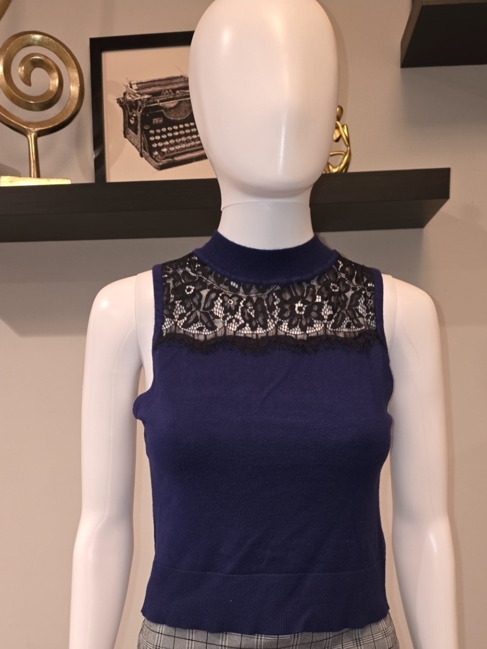 Express Navy Sleeveless Knit Tank with Black Lace Yoke